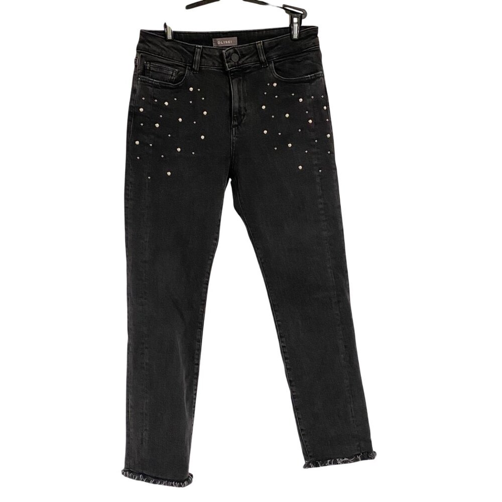 DL1961 Mara Instasculpt Mid-Rise Straight Black Studded Embellished Jeans Sz 27